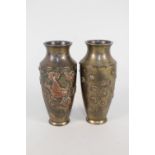 A pair of Japanese bi-metal bird and floral vases,