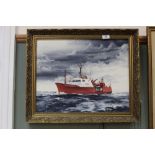 Peter Gunnel oil on canvas of a rescue boat, Suffolk Monarch,