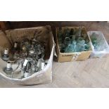 A brass electrolier and wall lights plus two boxes of bottles