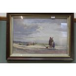 Wilfred Sutton oil on board of Pakefield beach with fisherman, boy and dog,