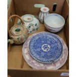 Two early 19th blue and white ribbon plates plus Chinese and other china