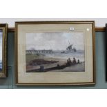 A watercolour of a beach scene with figures, pier and vessels, signed Walters,