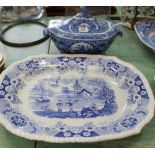 A 19th Century blue and white well and tree meat plate plus a tureen and ladle (two pieces as