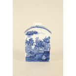 A Lowestoft tea caddy in blue and white print with pagodas,