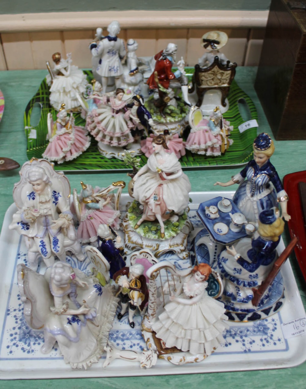 Various continental porcelain figurines (two trays)