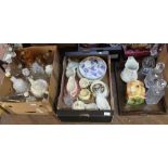 Two boxes of china and glass to include candlesticks, Wade bells, American themed plates,