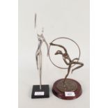 A bronze of a dancer with hoop plus a chromium stylised figure