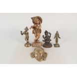 Three Indian bronze deities plus a brass Ganesh and elephants head