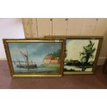 Roger Bedingfield oil on board of a moored sailing vessel plus a river scene oil