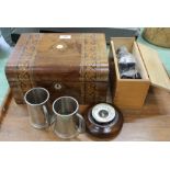 A Victorian inlaid jewellery box, microscope,