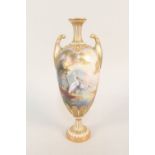 A Royal Worcester narrow neck two handled vase painted with storks in landscape, signed W.