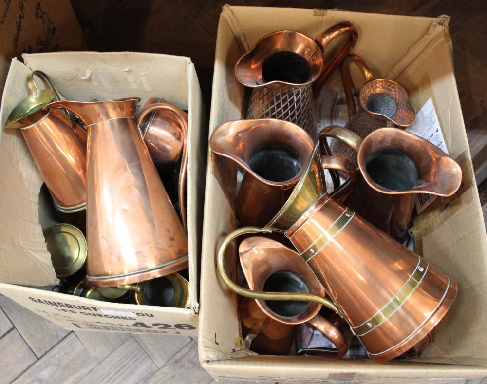 Copper jugs plus other copper and brass ware (two boxes)