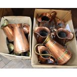 Copper jugs plus other copper and brass ware (two boxes)