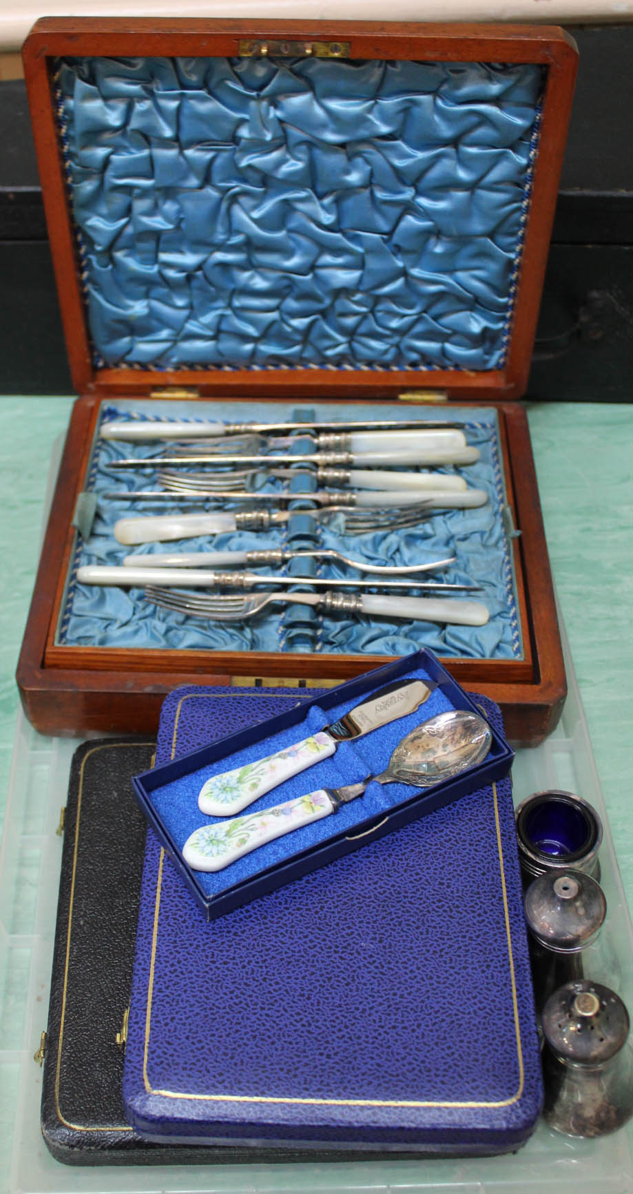 Cased mother of pearl handled knives and forks plus other silver plated cutlery