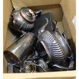 A box of mixed silver plated items including teapots, cutlery in box,