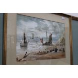 A watercolour of a beach scene with figures and sailing vessels, signed Walters,