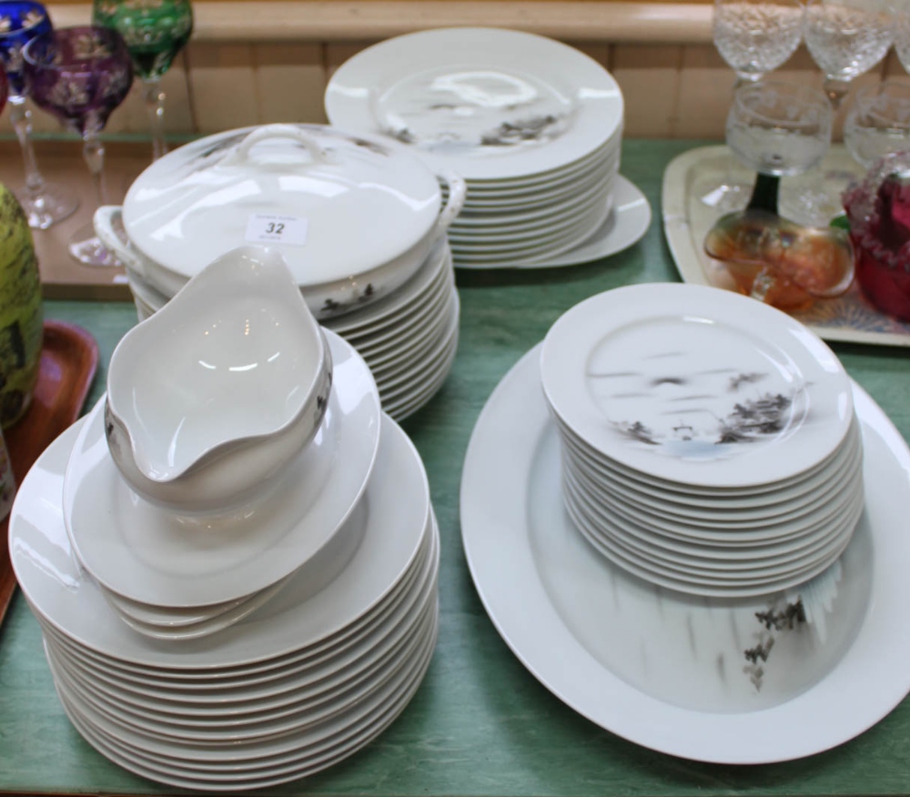 A Japanese porcelain part dinner set with Mt Fuji landscape decoration