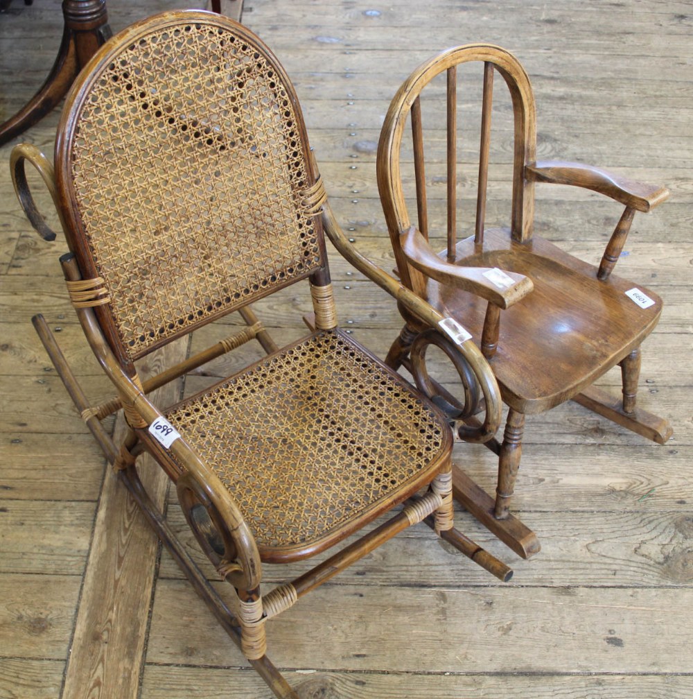 A child's elm rocking chair and a child's cane and rattan rocking chair