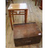 A vintage pine tool box and an Oriental style mahogany side table