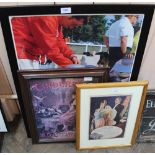 A framed Mario Andretti racing poster plus two advertising prints