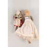 A vintage porcelain head Diamond Pottery doll plus a cloth doll (both as found)