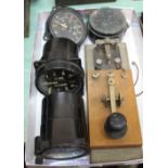 Three WWII dated aircraft instruments together with a Smith clock and a Morse code key