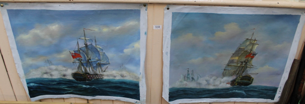 Two oils on canvas of British warships in action (unframed)
