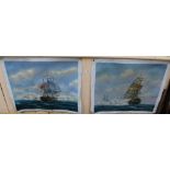 Two oils on canvas of British warships in action (unframed)