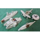 Five items of WWI crested china including a Norfolk Reg't cap plus a Royal Naval Air Service