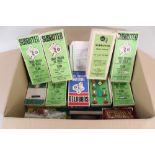 A box of Subbuteo teams and accessories