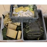 Three boxes of various military items including webbing,