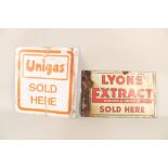 An enamel double sided sign 'Lyons Extract' plus a painted aluminium sign 'Unigas'