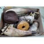 A box of powder horns and components (most as found)