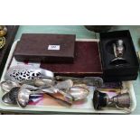 A cased three piece serving set plus silver plated cutlery etc