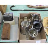 Pewter hip flasks and box, a students microscope, a silver mounted cane,