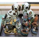 Two Victorian Staffordshire dogs plus Bretonne terracotta figures etc