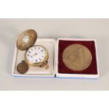 A gold plated half hunter pocket watch plus a Jewish bronze medallion and one other