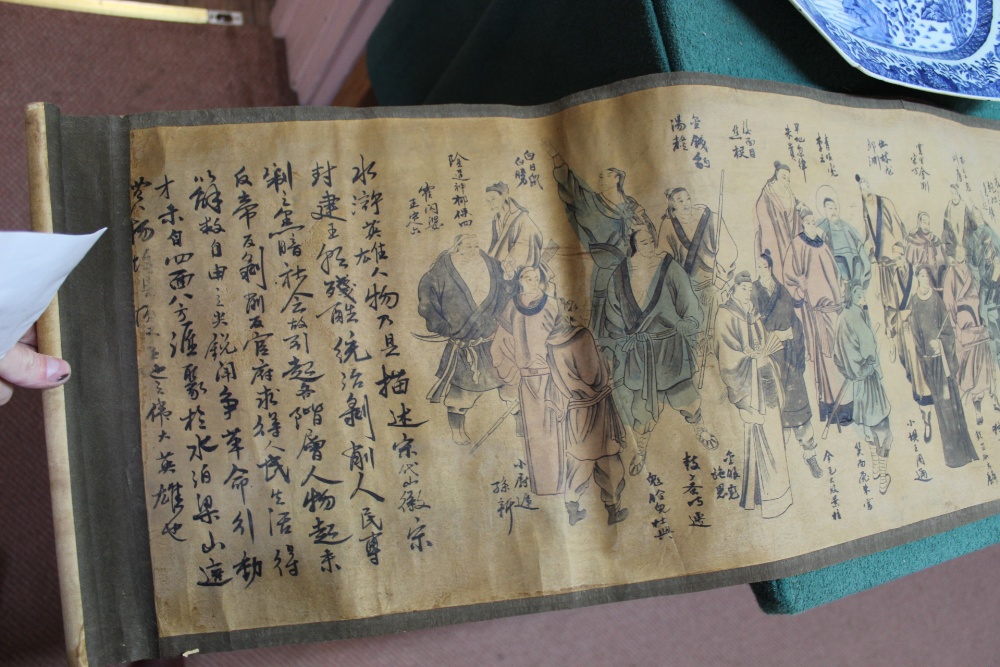 A Chinese painted scroll depicting Outlaw Song Jiang and His 36 Companions, - Image 7 of 8