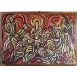 Oil on canvas of a stylised Buddhistic figure group, signed Senaka (Senanayake),