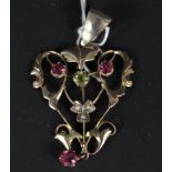 A 9ct gold Art Nouveau pendant with pink and green stones