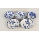 Five 18th Century Nankin blue and white saucers (one cracked)