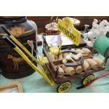 A wooden Whitbreads beer cart with driver and barrels plus a china horse
