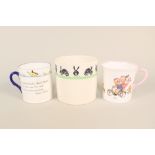 A Daisy Makeig Jones mug with rabbit decoration plus two Shelley childs mugs