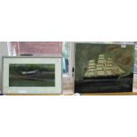 An oil on canvas of a sailing ship plus one other sea wall wreck