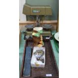 Omal money scales and weights plus an Indian wooden tray containing AA badge,