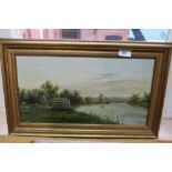 Percy Lionel oil on board of a broadland scene with hut,