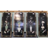 Four Chinese black lacquer panels with hardstone floral appliques,