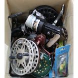 Various fishing reels, flies and floats including Shakespeare, Johnson Chairman,