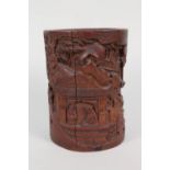 A Chinese carved bamboo brush pot with figure decoration (cracked),