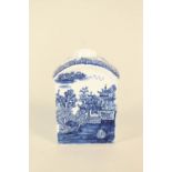 A Lowestoft tea caddy in blue and white print with pagodas,